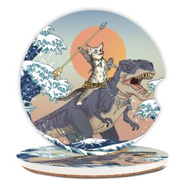 Adastrah Car Coasters Pack of 2,Absorbent Ceramic Car Coasters Set for Women/Men,Drink Cup Holder Coasters,with A Finger Notch for Easy Removal(Cat and Dinosaur)