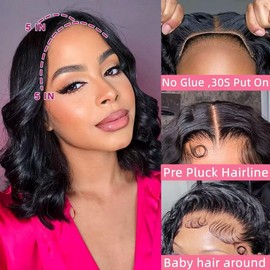 Wear and Go Glueless Bob Wig Human Hair For Black Women 180% Density Bleached Knots Pre Plucked Pre Cut 5x5 HD Lace Front Human Hair Wigs Glueless Body Wave Natural Black Color 14 Inch