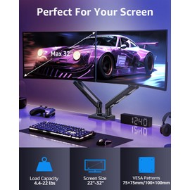 Dual Monitor Mount for 32 27 24 22inch Screens, Gas Spring Monitor Stand for 2 Monitor, Full Adjustable Monitors Desk Mount with C-Clamp＆Grommet Base, Each Arm Holds 4.4-22 lbs, Freelift Pro Black