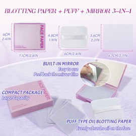 BOROLA 3-in-1 Oil Blotting Paper Set for Face 100 Sheets Oil Absorbing Sheets with Portable Mirror & Adhesive Makeup Puff, Blotting Papers for Oily Skin, Design for Men & Women(Purple)