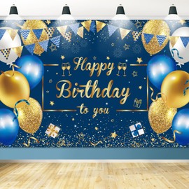 Navy Blue and Gold Happy Birthday Backdrop, Birthday Party Decorations Large Blue Birthday Banner Photography Background Party Decoration for Women Men Girls Boys, 71 x 47 inch