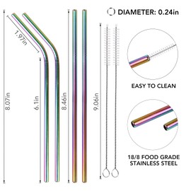 KVDeXun 4PCS Reusable 18/8 Stainless Steel Metal Straws with Carry-on Bag - Long Drinking Straws for 30 oz and 20 oz Tumblers - 2 Cleaning Brushes Included