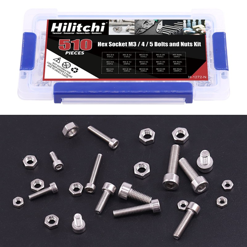 Hilitchi 510pcs M3 M4 M5 Stainless Steel Hex Socket Head