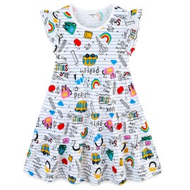 Toddler Girl's Back to School Dress Short Sleeve Tiered Cotton Doodle Printed Casual Outfit Apple Pencils Rainbow 4t