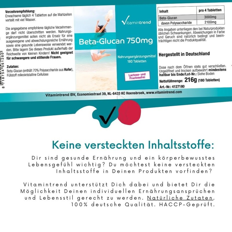 Beta-Glucan 750mg - High Dose - Vegan - 180 Tablets