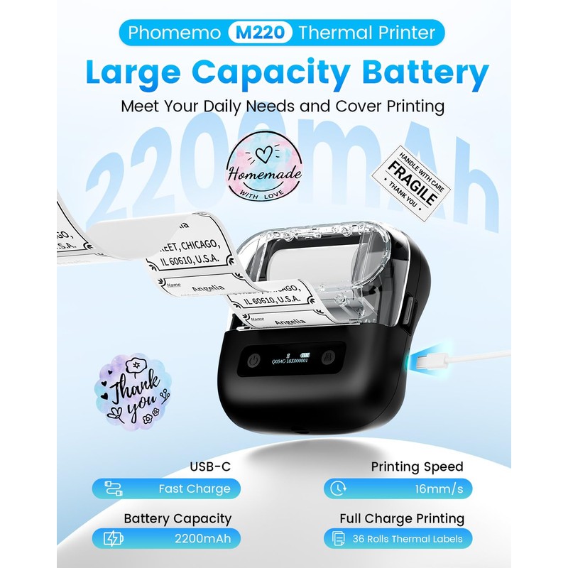 Phomemo Label Maker, M220 Thermal Label Printer, 80mm Portable Bluetooth