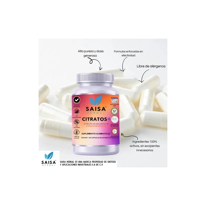Citrato Magnesio Potasio 650 120 Cápsulas Saisa Herbal Suplemento Alimenticio