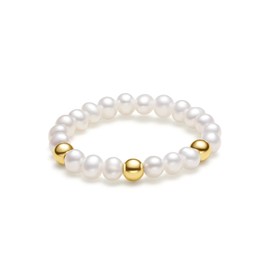 ZHOU LIU FU 18K Gold Rings White Freshwater Pearl Ring 3mm Small Beaded Rings Stackable Elastic Stretch Ring Simple Dainty Jewelry for Women Mom Daughter Birthday Anniversary X019419
