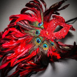 iLoveMasks Peacock Feather Mask Masquerade for Women Venice Carnival Mardi Gras Mask RED