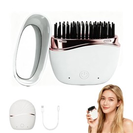Cordless Mini Hair Straightener Brush - Rechargeable Battery-Powered, Portable with 2 Temperature Settings & Built-in Mirror for Travel, RV, Outdoor