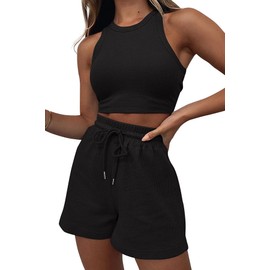 SHEKINI Loungewear Sets for Women 2 Piece Outfits Tracksuits Crew Neck Sleeveless Tank Tops Drawstring Shorts Leisure Suits with Pockets