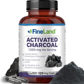 FineLand Activated Charcoal 1300mg - Advanced Digestive Detox Cleanse, Helps with Gas and Bloating, Circulation & Cholesteroal Support - Made in USA, 120 Vegan Pills