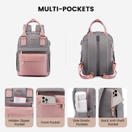 LOVEVOOK Backpack Womens Small Fashion Rucksack Bag for Ladies with USB Port Waterproof Handbag for Girls Anti-theft Mini Casual Daypack City Pack for School Uni Travel, Pink Grey