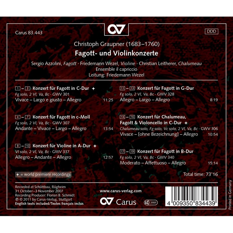 Christoph Graupner: Fagott-und Violinkonzerte