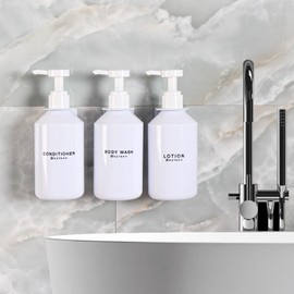 GOYISEE 3-Chamber Shampoo & Conditioner Dispenser - Wall-Mounted Soap Dispenser Plastic Bottles with 4CC Pumps, No Drill Installation, Refillable for Bathroom, RV, Commercial Use White