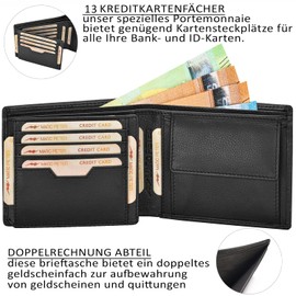 Marc Peter Oslo Men's Leather Wallet Black Nappa with RFID Protection, Genuine Leather Wallet Large, 13 Compartments, Wallet for Men, Wallet Made of Genuine Leather