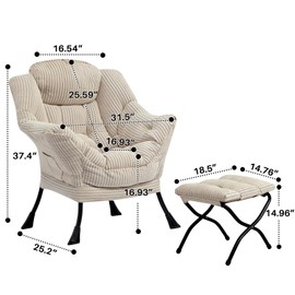 HollyHOME Fabric Lazy Chair with Foldable Ottoman, Accent Comfy Lounge Arm Chair and Folding Footrest Stool Set, Leisure Sofa Reading Chair and Footstool for Living Room, Bedroom, Dorm, Beige Stripe