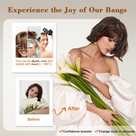 QGZ Clip in Bangs Fake Bangs Hair Clip Fringe with Temples Hairpieces 100% Real Human Hair Extensions Curved Clip On Bangs for Women(Light Brown Air Bangs)