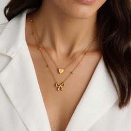 ALRNBY Initial Necklace for Women Layered Bow and Heart Necklace Non Tarnish Letter Necklace A-Z Trendy Gold Plated Necklace Cute Dainty Charm Jewelry (H)