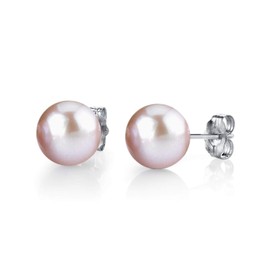 THE PEARL SOURCE 14K Gold 7-8mm Round Pink Freshwater Cultured Pearl Stud Earrings for Women