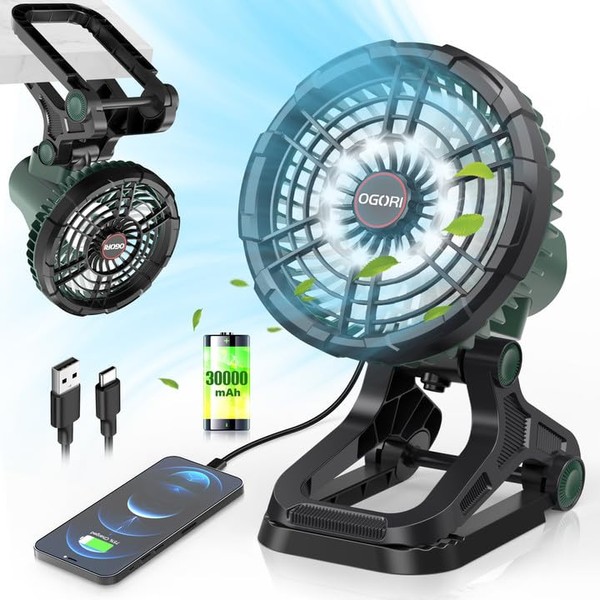 30000mAh Battery Operated Fan with LED Lantern, Stepless Speed, 360°Head Rotation, 4 Light & 7 Timing Modes, Rechargeable Personal USB Desk Fan for Home, Jobsite, Power Outage, Camping Tent Fan