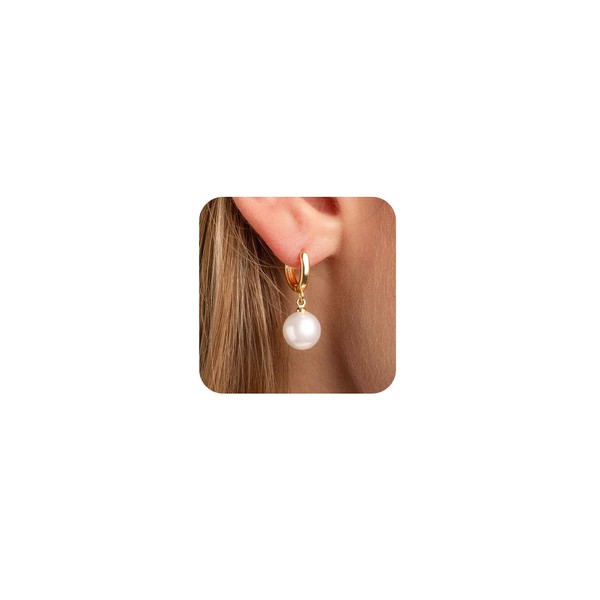 Pearl Earrings for Women, Trendy 14k Gold Plated Drop Hoop