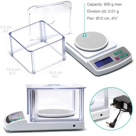 600 g Digital Lab Scale, Piece Counting, Wind Shield, Stainless Steel Pan, Backlit LCD, Multiple Weight Units, Capacity: Max 600 g, Min 0.05 g, Division 0.01 g