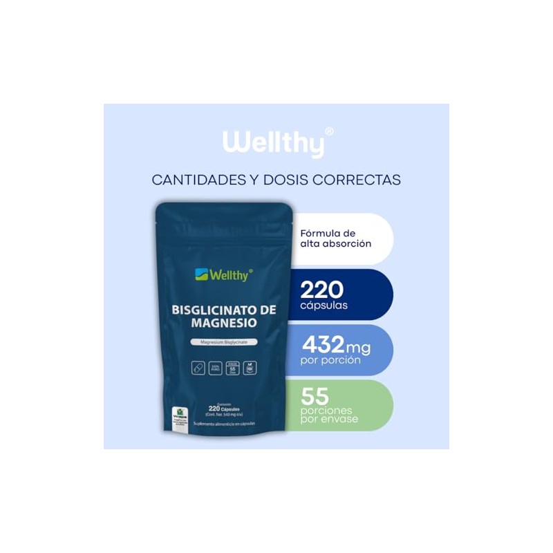 Wellthy Bisglicinato Magnesio 220 Cápsulas 432mg Elemental 100 Natural Alta