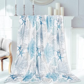 JarThenaAMCS Coral Seashell Starfish Throw Blanket Ocean Beach Coastal Theme Fuzzy Blanket Blue Decorative Soft Cozy Flannel Blanket for Summer Home Bed Sofa Couch Chair, 50 x 60 Inch