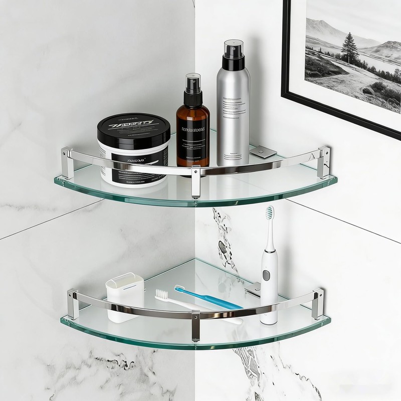 WAKLOND Bathroom Shelves, Glass Shelf Wall Mounted Glass Corner Shower