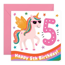 5th Birthday Card for Girls – Cute Unicorn with Rainbow Wings – Fun Card for Daughter, Niece, Granddaughter, Sister, Neighbour, Her, Little Children, Kids - Five Years Old -Comes with Stickers