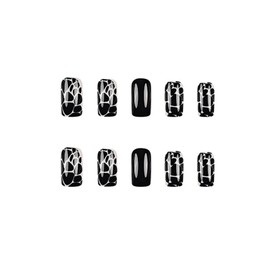SINHOT Square Press on Nails Medium Fake Nails Glossy Glue on Nails Leopard Print Acrylic Nails Black Squoval Artificial Nails Stick on False Nails with Design 24 pcs