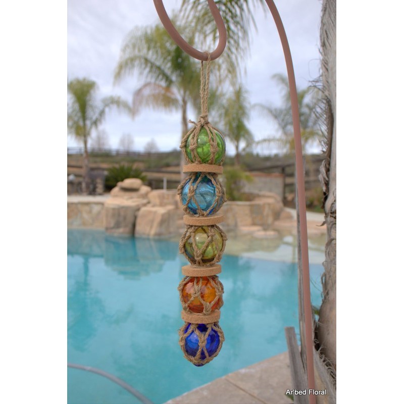 St/5 Japanese Glass Fishing Buoys 5 Assorted Colors Roped Together
