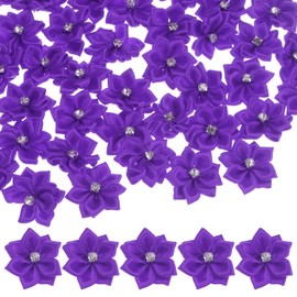 M METERXITY 200-Pack Satin Ribbon Flowers, 1.2 Inch Mini Fabric Flowers with Rhinestones Flower Ribbon Appliques for Crafts DIY/Wedding/Ornament/Party/Home [Dark Purple]