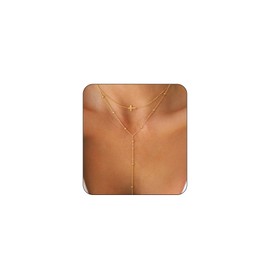 Picuzzy Lariat Gold Layered Necklace, Dainty 14K Gold Plated Long Chain Necklaces for Women Trendy Non Tarnish Gold Cross Pendant Y Shaped Necklaces Waterproof Gold Jewelry for Women Valentines Gifts