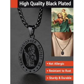 FaithHeart Stainless Steel Men’s Necklace with Saint Christopher/Saint Paul/Saint Anthony/Saint Thomas/Saint Patrick/Saint Joseph/Saint Augustine, Silver/18K/Black, Oval/Round, 01 Saint Christopher, 03 Black/Oval
