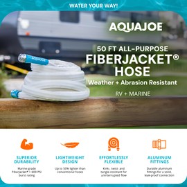 Aqua Joe RV Water Hose with Flexible Marine-Grade Fiber Jacket, 50 Ft - Heavy-Duty, Expandable, and Lightweight Watering Tool for Outdoor Cleaning and Gardening, AJFJH50-58-RV