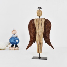 K KILIPES 8.25" H Wooden Angel Statue Primitive Farmhouse Decor Wood and Metal Angel Figurine Tabletop Ornament Hand Carved Angel Sculpture Home Decor (2)