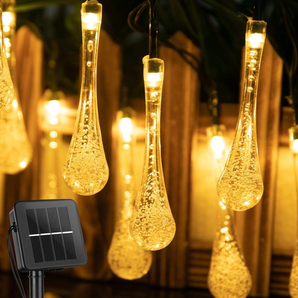 Outdoor Solar String Lights 25.7 Feet 40 Led Water Drop Solar Powered Lights with 8 Modes, Waterproof Fairy Crystal Lights for Patio Garden Yard Tree Wedding Party Decor, Warm White