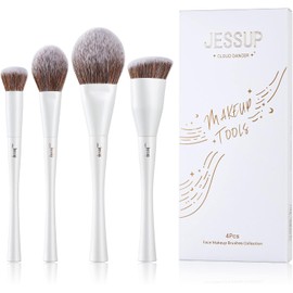 Jessup Juego de 4 brochas de maquillaje facial para base, corrector, rubor, contorno, polvo, resaltador, color blanco perla T344