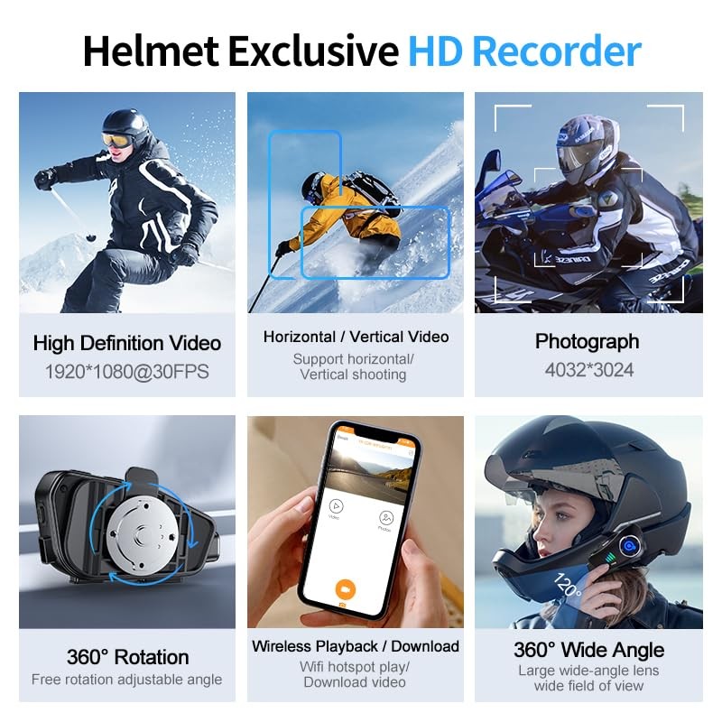 Bluetooth Motorcycle Helmet Headset with HD Action Camera 1080P Video/Photo,Hands-Free
