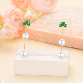 SISGEM 14k Gold Four Clover and Freshwater Cultured Pearl Dangle Earring, Long Lucky Jewelry Earring for Women