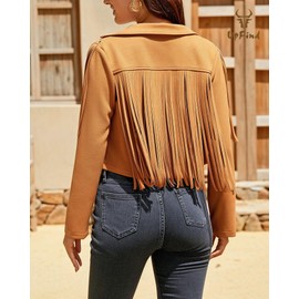UpFind Women's Fringe Faux Suede Leather Jackets Fashion Fall Western Tassel Motorcycle Cropped Open Front Coats with Rivets, Brown/3X-Large