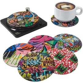 Graffiti Retro Vinyl Record Coasters, Creative & Colorful Drink Coasters with Vinyl Record Player Holder for Music Lovers, Housewarming Hostess Gifts, Birthday and White Elephant Gifts Ideas