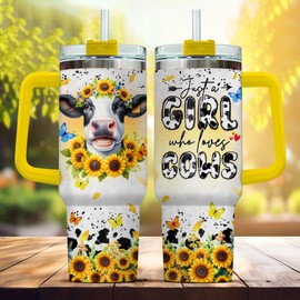 99WHALE Handle Yellow Modern Simple Cows Glitter Print Cups Butterfly Cup Stainless Swig For Women Heart, Tumbler 40 Oz With Handle Lid And Straw, Dairy Cow Sunflower, Cow Gifts