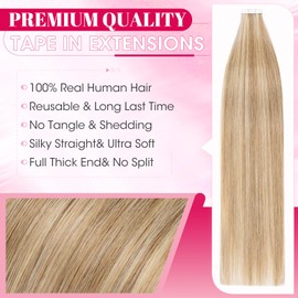 MY-LADY Human Hair Tape in Extensions - 20pcs Invisible Seamless Highlighted Remy Real Hair Straight #12/613 Golden Brown Mix Bleach Blonde - 20 Inch 50g