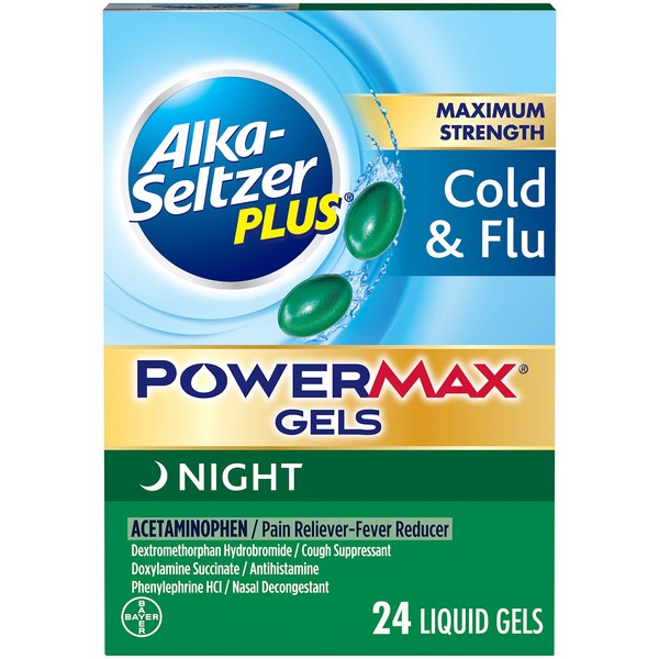 Alka-seltzer Plus Cold & Flu, Power Max Cold and Flu Medicine, Night, For Adults with Pain Reliever, Fever Reducer, Cough Suppresant, Nasal Decongestant, Antihistamine, 24 Count