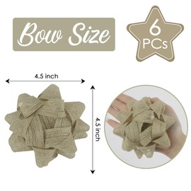 AIMUDI Burlap Wired Ribbon Star Gift Bows 4.5'' Burlap Christmas Bows for Gift Wrapping Self Adhesive Gift Wrap Bows for Party, Holiday, Christmas Decorations - 6 Counts