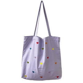 SUNTRADE Canvas Tote Bag with Pocket Reusable Soft Grocery Cloth Bag Floral Shoulder Bag with Little Love Pattern for Beach Travel Shopping (purple)