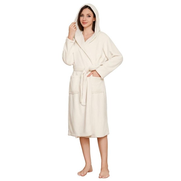 LYCY Womens Hooded Plush Long Robe, Soft Warm Bathrobe for